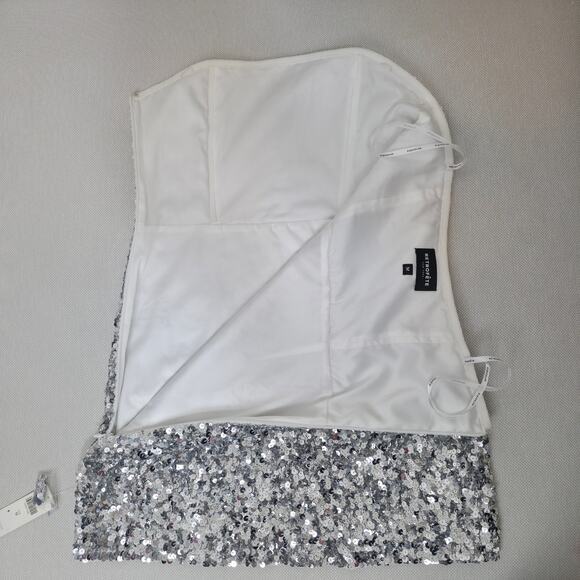 Retrofête White Silver Strapless Sequin Kameron Embellished Mini Dress Medium - Picture 5 of 11